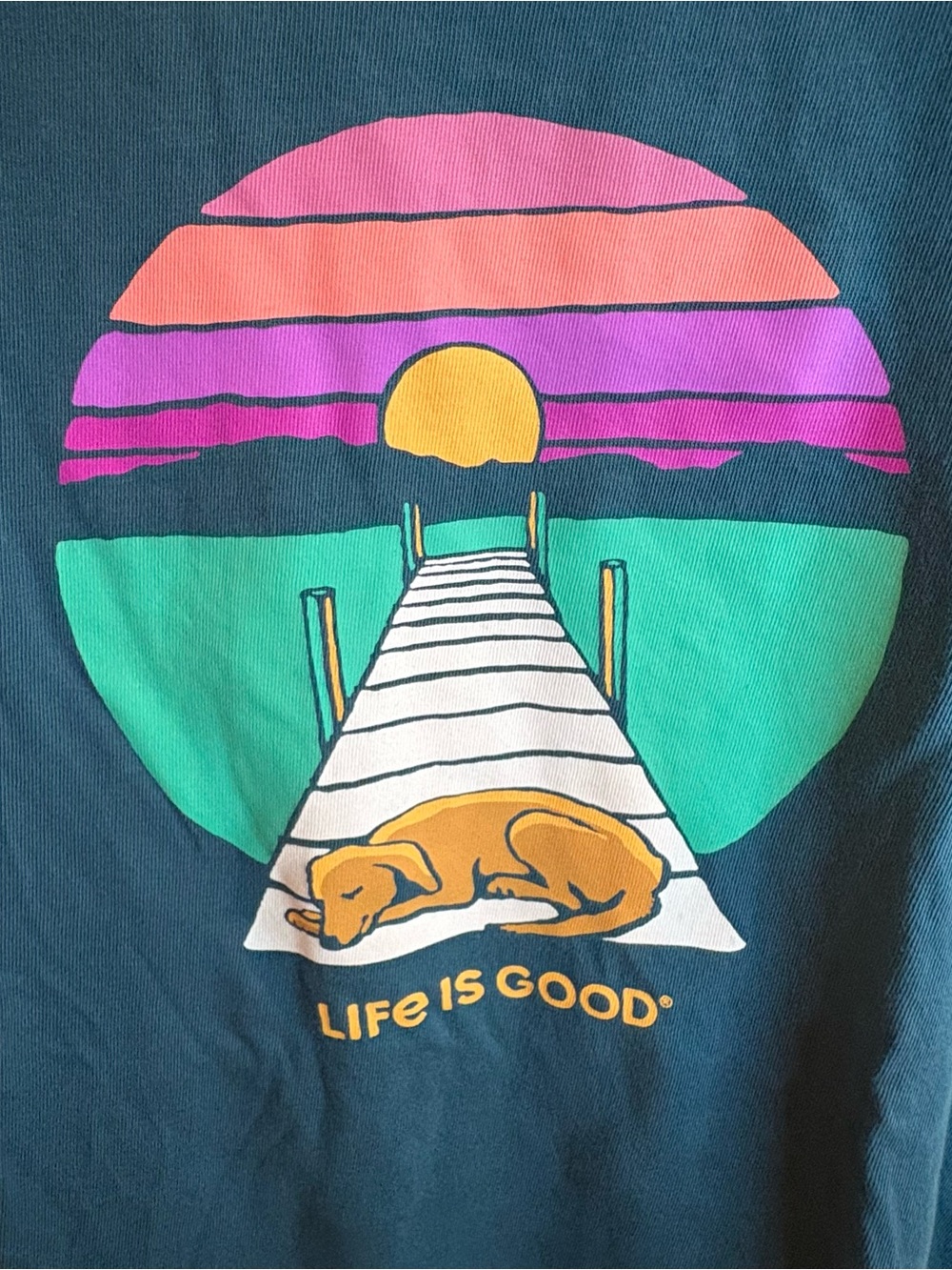 NWOT Life Is Good 100% Cotton Teal Short Sleeve Tee with Sunset Dock Dog Design